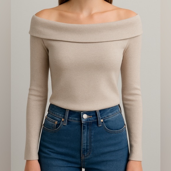 LOFT Tan Fitted Wide Neck Cotton Blend Sweater Size M (Like an XS/S) - Picture 1 of 11